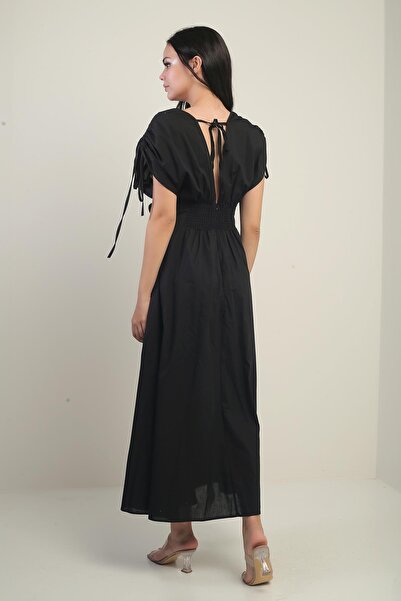 By Saygı Women's Front Back V Neck Sleeves Shirring Floral Applique Embroidery Long Dress