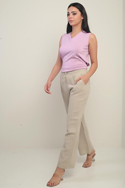 By Saygı Women's Muslin Palazzo Elastic Waist Pocket Trousers