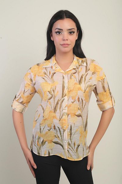 By Saygı Women's Large Floral Patterned Sleeve Fold Shirt
