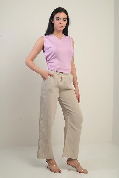 By Saygı Pantaloni de damă din muselină Palazzo cu buzunar elastic în talie