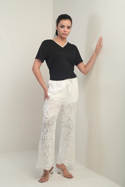 By Saygı Women's Elastic Waist Half Lined Wide Leg Embroidered Trousers