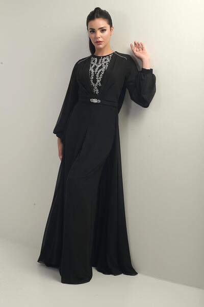 By Saygı Women's Front Back Stone Detailed Lined Wide Leg Chiffon Jumpsuit