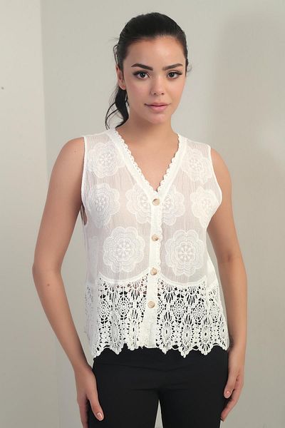 By Saygı Women's V-Neck Front Button Embroidered Skirt Lace Fishtail Vest