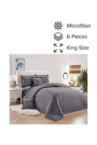 Moon Quilted Comforter Set, 6 Pieces, Microfiber, Gray, 220x240 cm