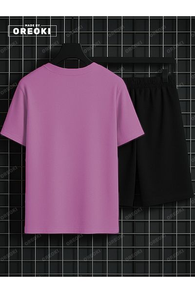 EFFRENATU Scary Wolf Printed Cotton Men's Pink T-Shirt-Black Shorts Set
