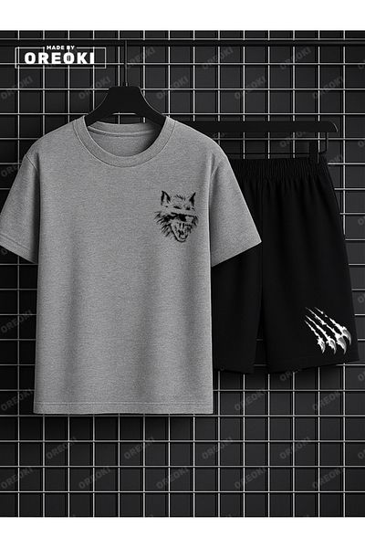 EFFRENATU Scary Wolf Printed Cotton Men's Gray T-Shirt-Black Shorts Set