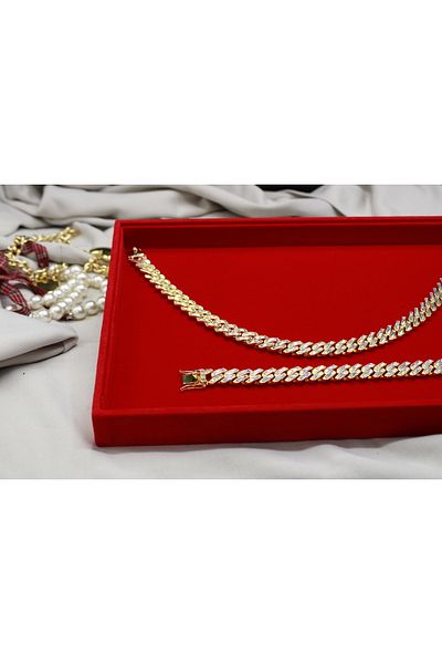 Brand. Gold Rainbow Baguette Cuban Link Necklace & Bracelet Set – Luxury Unisex Bling