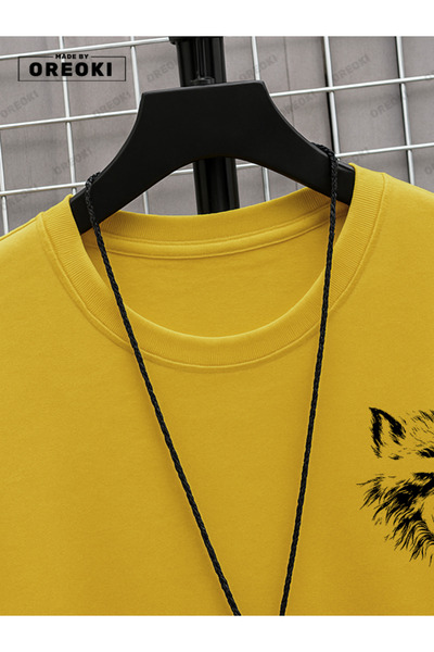 EFFRENATU Scary Wolf Printed Cotton Men's Yellow T-Shirt-Black Shorts Set