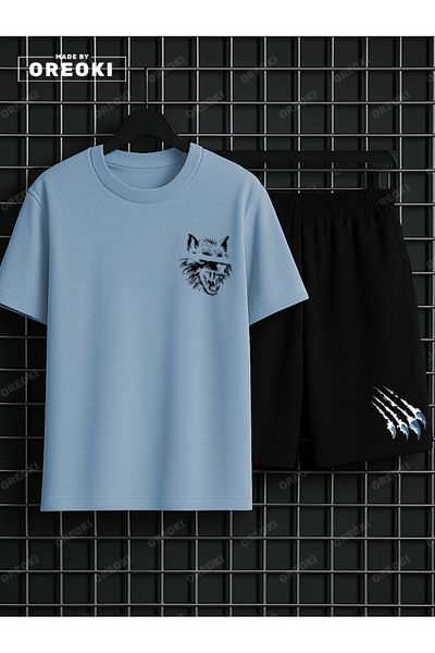 EFFRENATU Scary Wolf Printed Cotton Men's Light Blue T-Shirt-Black Shorts Set