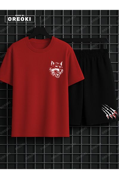 EFFRENATU Scary Wolf Printed Cotton Men's Red T-Shirt-Black Shorts Set