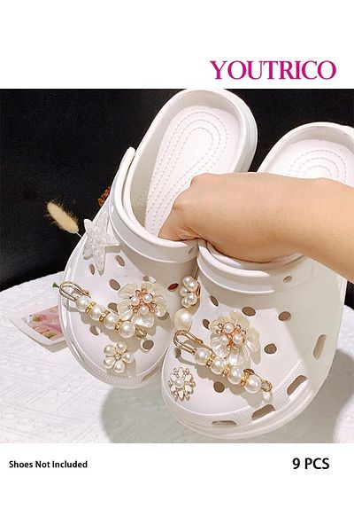 Youtrico 9pcs New Pearl and Rhinestone Jibbitz Charms for Slipper Ornament