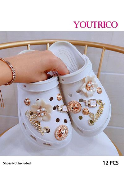Youtrico 12pcs New Pearl and Rhinestone Jibbitz Charms for Slipper Ornament