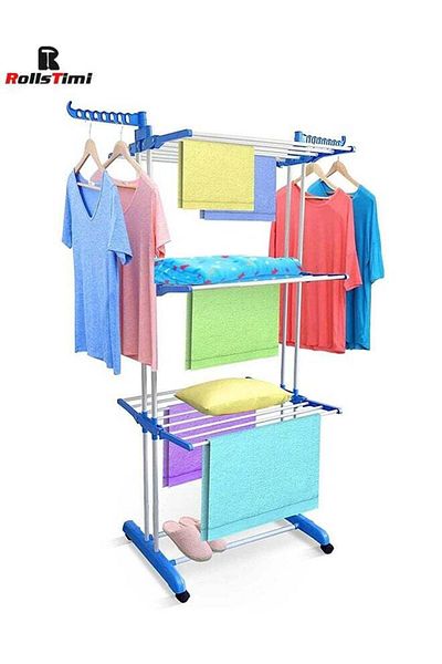 Generic Floor Drying Rack, 3 Tiers Foldable Design, Adjustable Stainless Steel Hanger With Folding Wings For