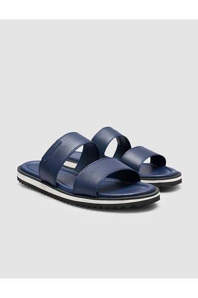 Cabani 100% Genuine Leather Navy Blue Banded Men's Slippers