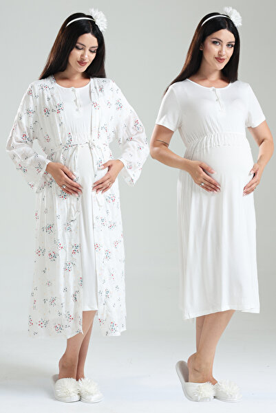 Lohussa Σετ νυχτικών με εκρού μοτίβο ειδικής σχεδίασης με λεπτομέρεια δαντέλα...