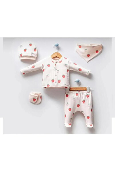 Kidsella ORGANİK KUMAŞ ÇİLEK BASKILI 5 Lİ KIZ BEBEK HASTANE ÇIKIŞ SETİ