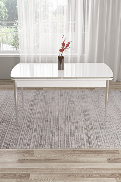 Canisa Nira Serisi 70x114 Mdf Açılabilir Beyaz Masa Takımı 6 Krem Sandalye Krom Detay