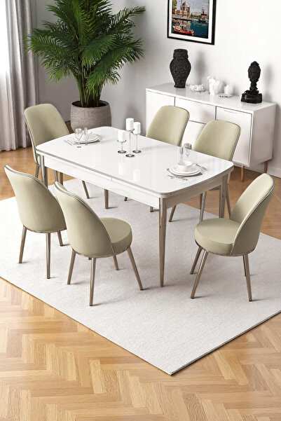 Canisa Nira Serisi 70x114 Mdf Açılabilir Beyaz Masa Takımı 6 Krem Sandalye Krom Detay