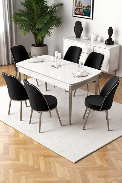 Canisa Nira Serisi 70x114 Mdf Açılabilir Beyaz Masa Takımı 6 Siyah Sandalye K...