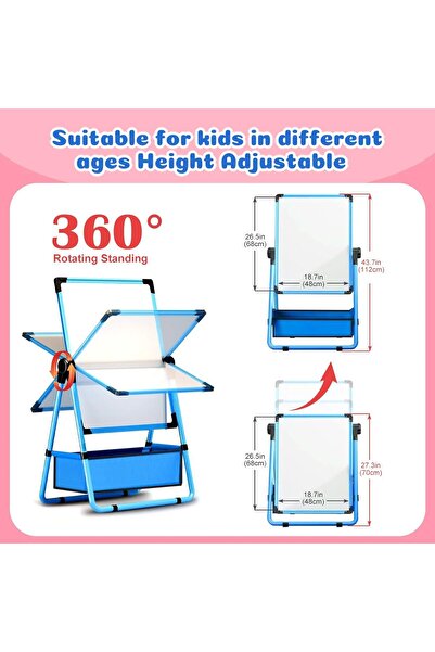 Lumely حامل فني مزدوج الجوانب للأطفال، مع مشبك ورق ولوحة بيضاء، وارتفاع قابل للتعديل، ودوران 360 درجة