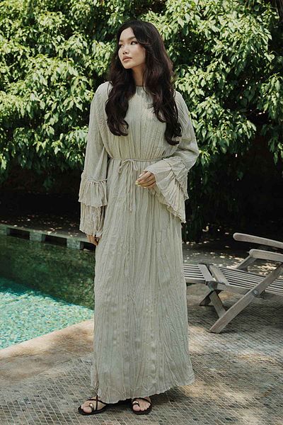 Hooopstore Kraş Textured Chiffon Sage Dress with Sleeve Detail