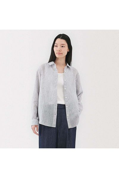 Muji قميص كتان مغسول بياقة عادية وأكمام طويلة