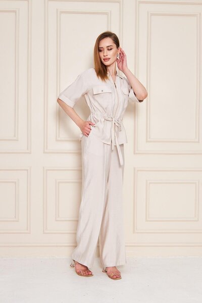 LOVELF Shirt Collar Zippered Chest Pocket Waist Tightening Buluz Elastic Waist Pocket Loose Leg Fabric Trousers