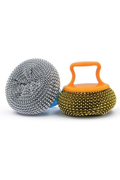 Bisbell Steel Scrubber with Handle, Kitchen Cleaning Sponge Set, 2-Pack, Black and White