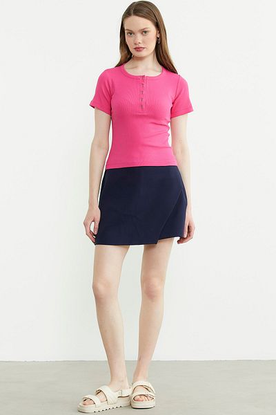 Sementa Buttoned Short Sleeve Basic T-Shirt - Fuchsia