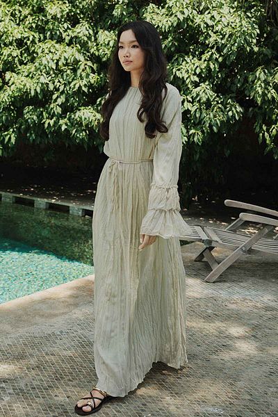 Hooopstore Kraş Textured Chiffon Sage Dress with Sleeve Detail