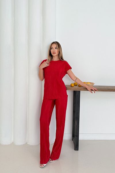 MİROR Women's Red Bat Sleeve Pleated Pocket Detailed Casual Suit