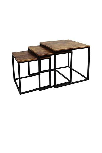 Generic 3-piece nesting table set with wood tops and black steel legs
