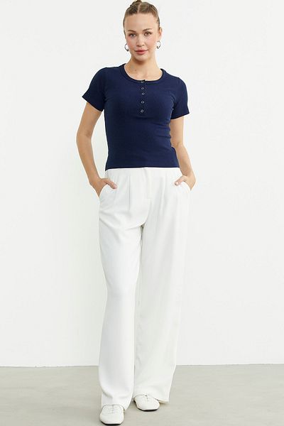 Sementa Buttoned Short Sleeve Basic T-Shirt - Navy Blue