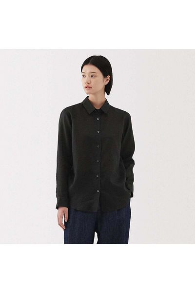 Muji قميص كتان مغسول بياقة عادية وأكمام طويلة