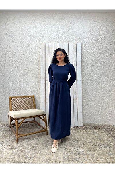 KÜÇÜĞÜM BUTİK Hijab Navy Blue Muslin Gathered Waist Dress
