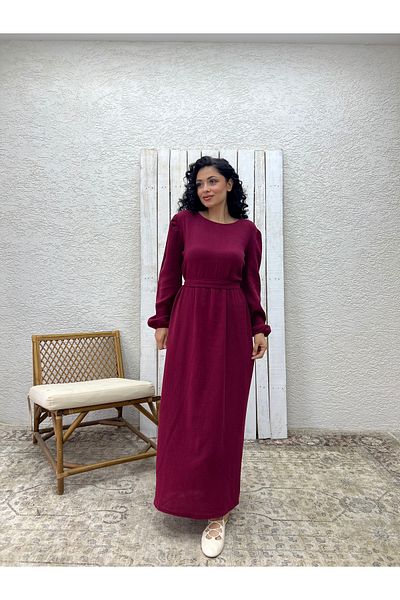 KÜÇÜĞÜM BUTİK Φόρεμα Hijab Burgundy Muslin Gathered Waist