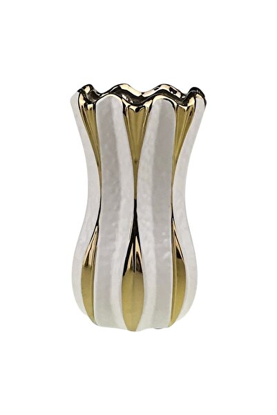 OEM Ceramic Vase with Wide Stripes and Wavy Opening, 12x23 cm, White