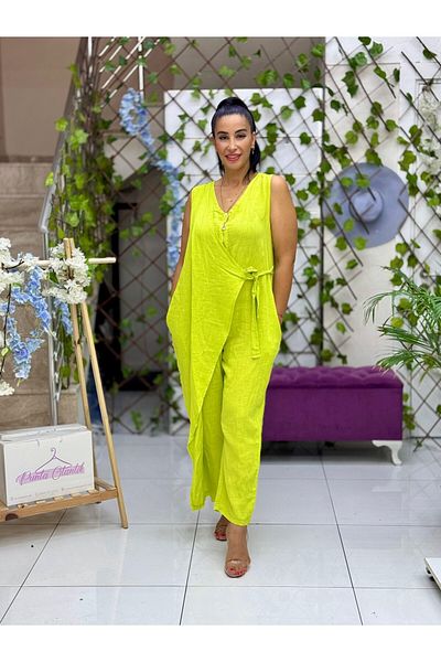 Punta Otantik Nc61252 Italian Zippered Tie-Up Linen Jumpsuit Pistachio