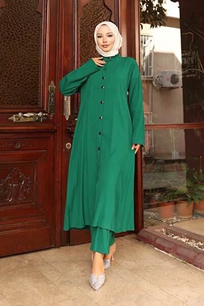 MİSSKAYLE Collar Detailed Long Suit Green