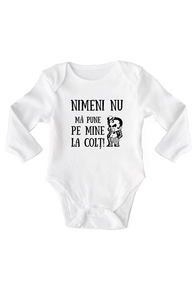 OEM Body bebe, Nimeni nu ma pune la colt, 0 -3 luni, maneca lunga, bonisa creativ, alb, 100% bumbac