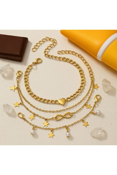 REDz Accessories Gold Ankle Bracelet Set, 5 Chains with Star, Heart and Infinity Sign Pendants, Gold