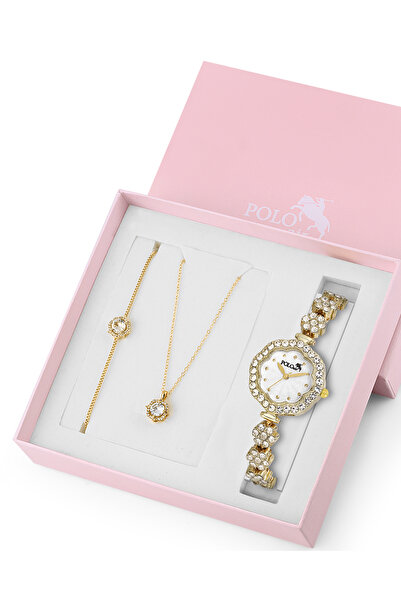 Polo Air Çiçek Kordon Kadın Kol Saati Zirkon Taşlı Yuvarlak Kolye Bileklik Ko...