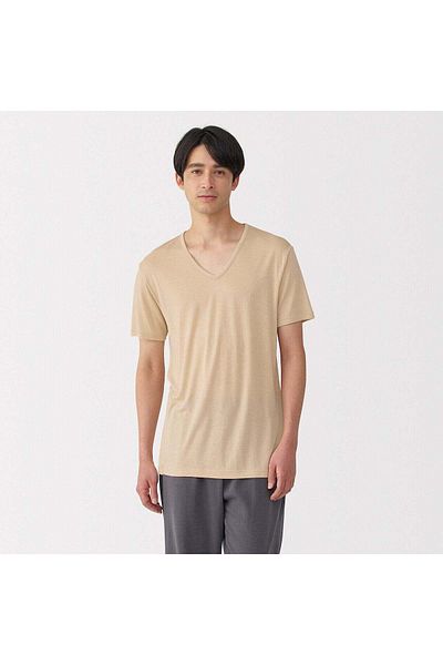 Muji تي شيرت Cool Touch Lyocell برقبة على شكل حرف V وأكمام قصيرة