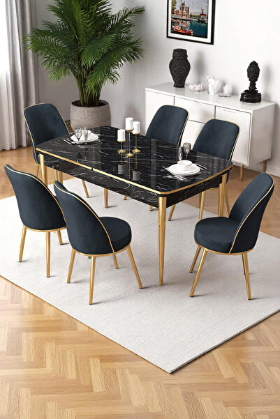 Canisa Nira Serisi 70x114 Mdf Siyah Mermer Desen Mutfak Masa Takımı 6 Antrasi...