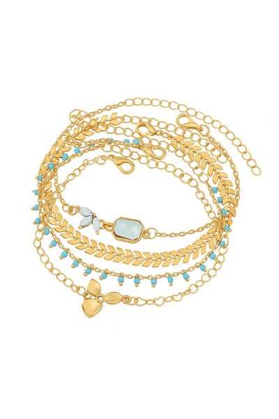 REDz Accessories Elegant Women's Bracelet Set, Gold and Turquoise, With Charms and Fine Chain, Gold
