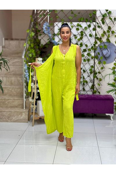 Punta Otantik Nc61252 Italian Zippered Tie-Up Linen Jumpsuit Pistachio