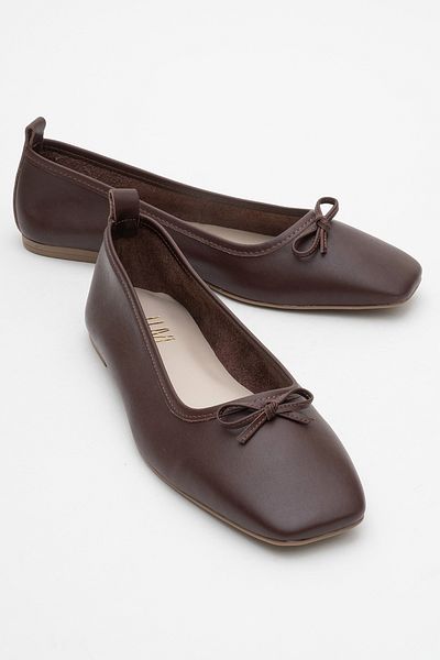 LuviShoes Sosa Brown Skin Genuine Leather Blunt Toe Bow Women's Ballerina Shoes