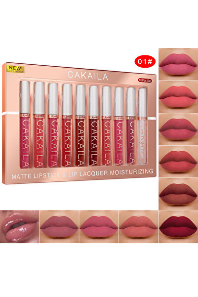 CAKAILA مجموعة أحمر شفاه سائل غير لامع مكونة من 10 قطع تحتوي على طلاء شفاه نا...