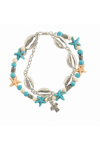 REDz Accessories Brățară dublă pentru gleznă, stil boho marin, cu scoici, stele și broască țestoasă, reglabilă, argintie