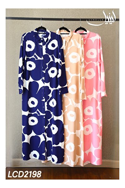 LINELLE فستان كاجوال - فستان قميص ماكسي بقصة A وطبعة زهور جريئة مع ياقة وأكما...